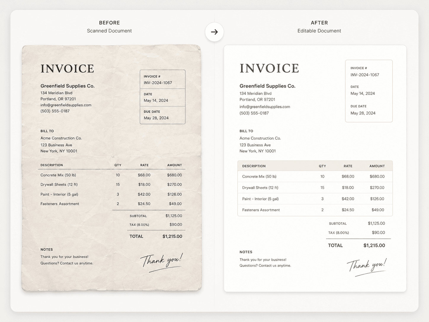 Before and after: scanned invoice converted to clean editable document